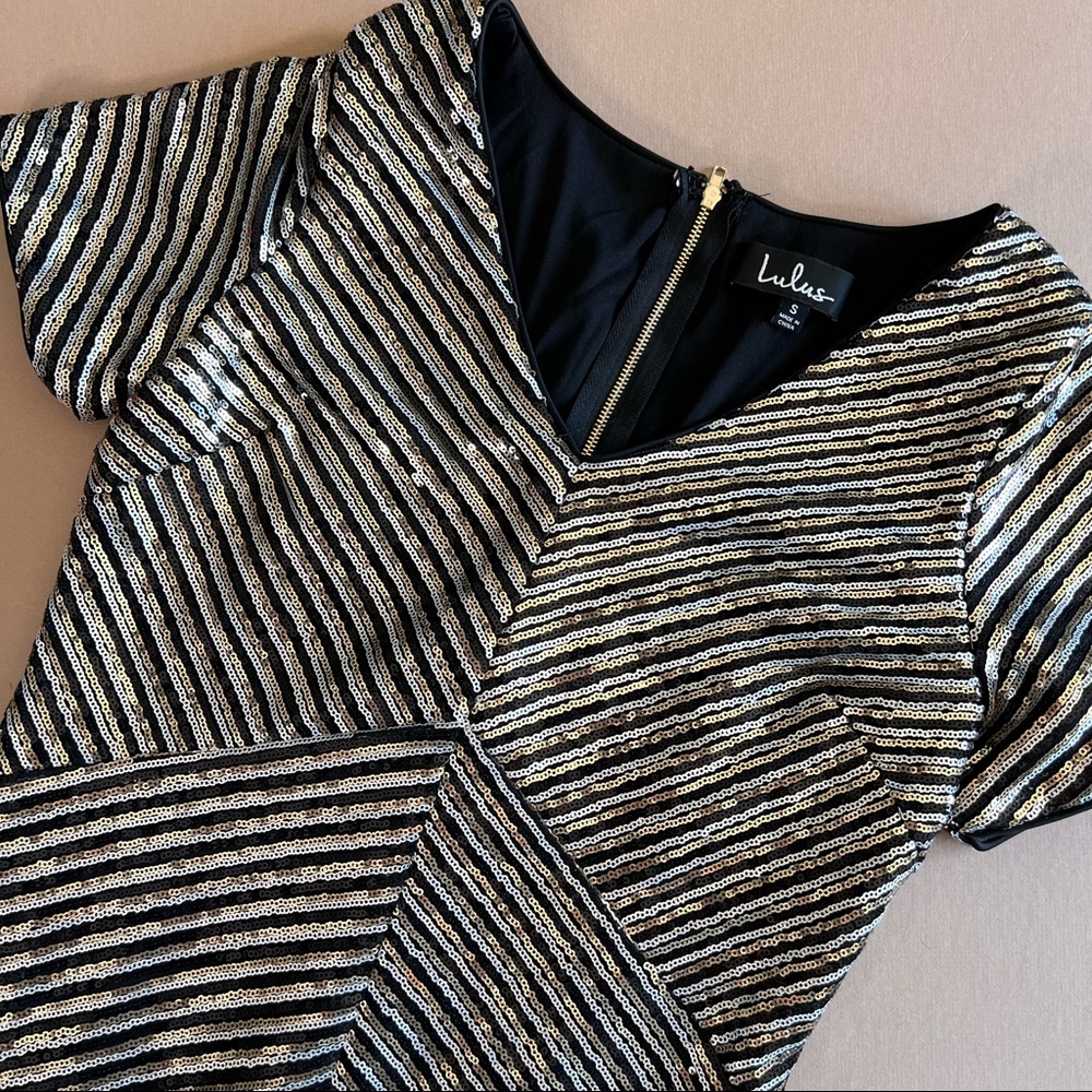 Lulu’s Black Gold Silver Striped Sequin Mini Dress - Picture 3 of 16